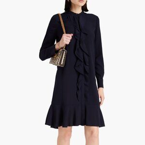 Tory Burch Navy Long-Sleeve Ruffle Shift Dress